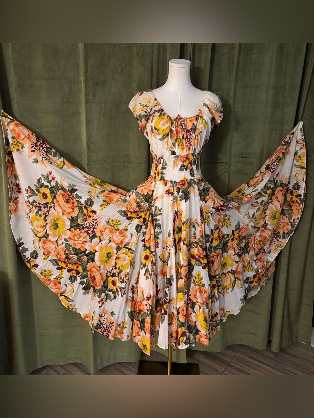 Grace White Maxi Dress with Orange & Yellow Floral Print, M